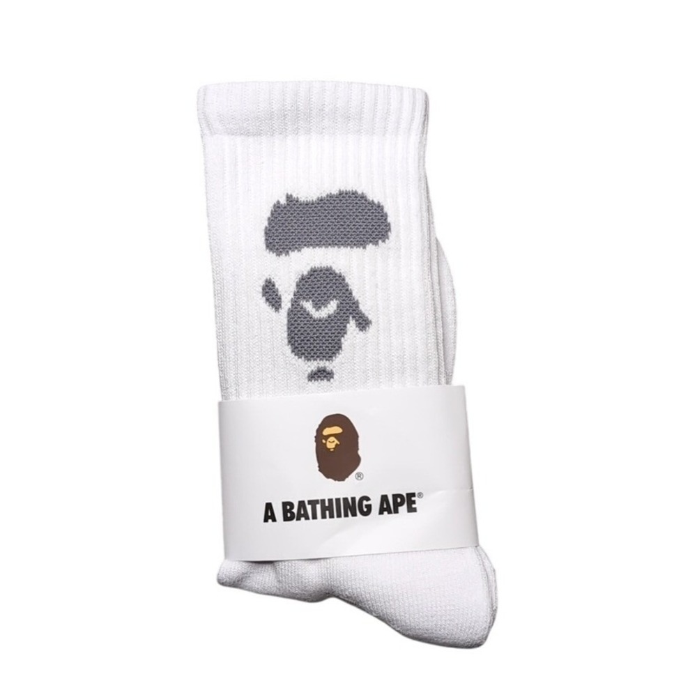 Bape Crew Socks Ape Head Face Logo Mens Womens Unisex Size 9-11 White Gray